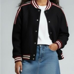 Vintage Varsity felted bomber jacket black with red and white rugby stripes 101